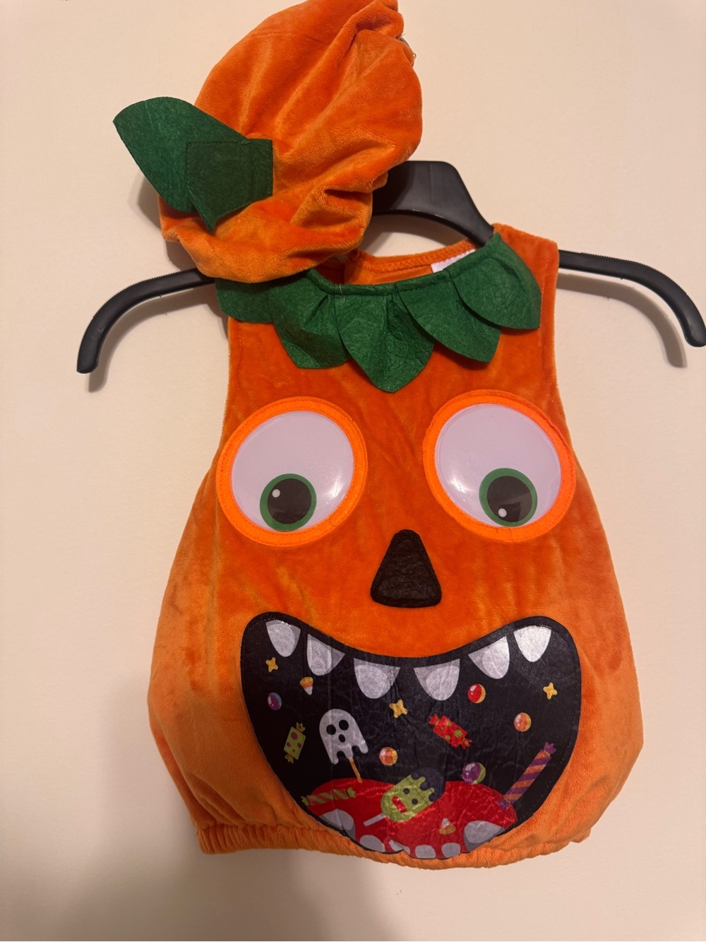 Kali Orange Pumpkin Monster Costume with Green Leaf Collar and Hat